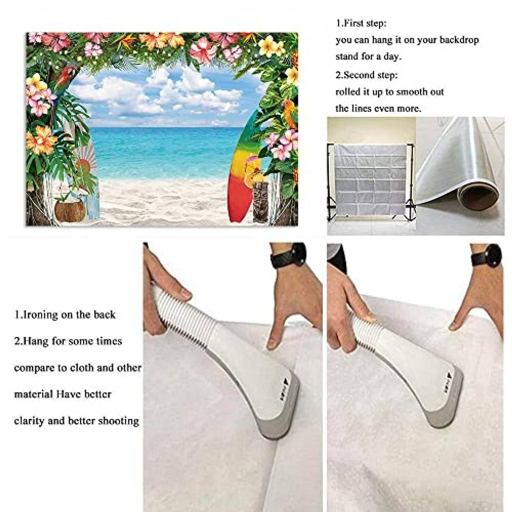 Tropical beach photography backdrop with floral border; ironing and hanging steps shown