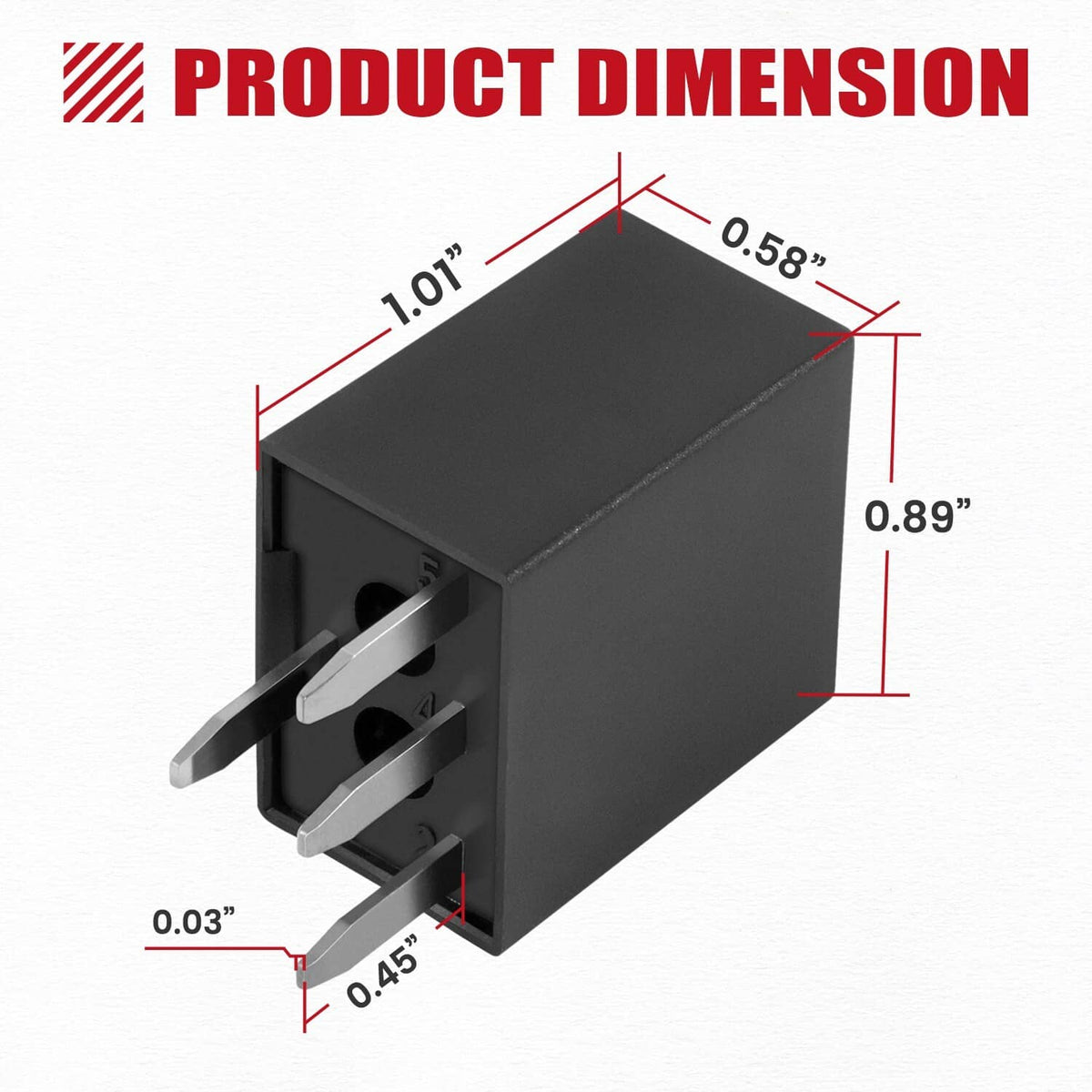 Black 4-pin headlight relay with size measurements diagram