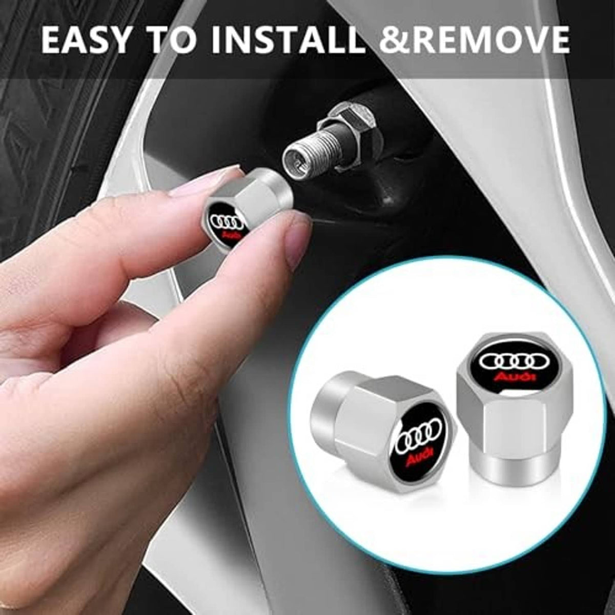 Hex silver valve stem cap with Audi logo shown being installed by hand