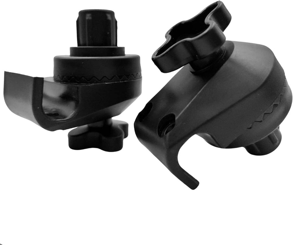 Black plastic swing canopy frame connector fittings with curved mounts, two-piece set