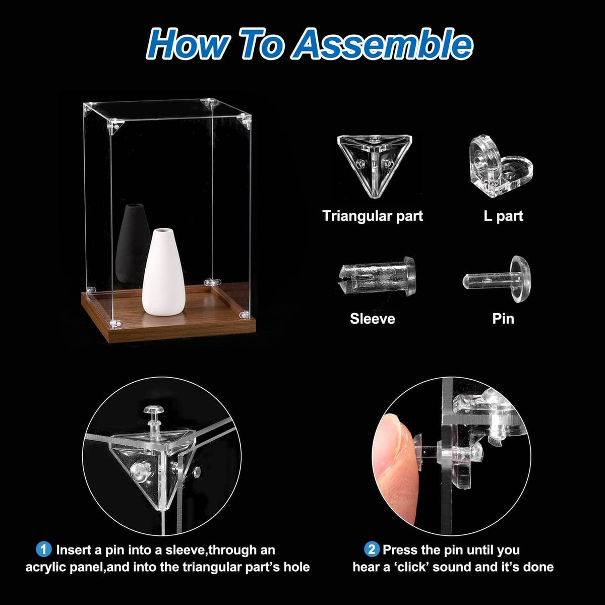 Clear acrylic case parts kit: triangular connectors, sleeves, and pin fasteners