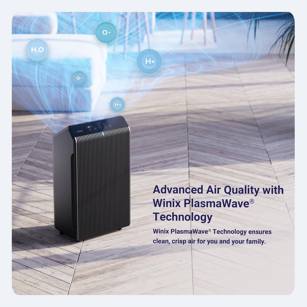 WINIX 5510 air purifier in polished charcoal gray, front view on floor