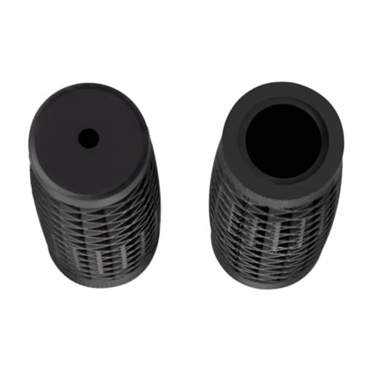 Black handlebar grip ends with circular hole and ribbed diamond texture on rubber