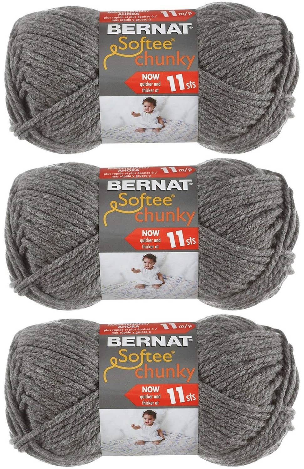 Super bulky gray acrylic yarn skeins 3-pack with Bernat Softee Chunky labels