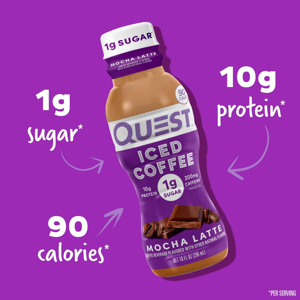 Mocha latte iced coffee bottle on purple background, 1g sugar and 10g protein