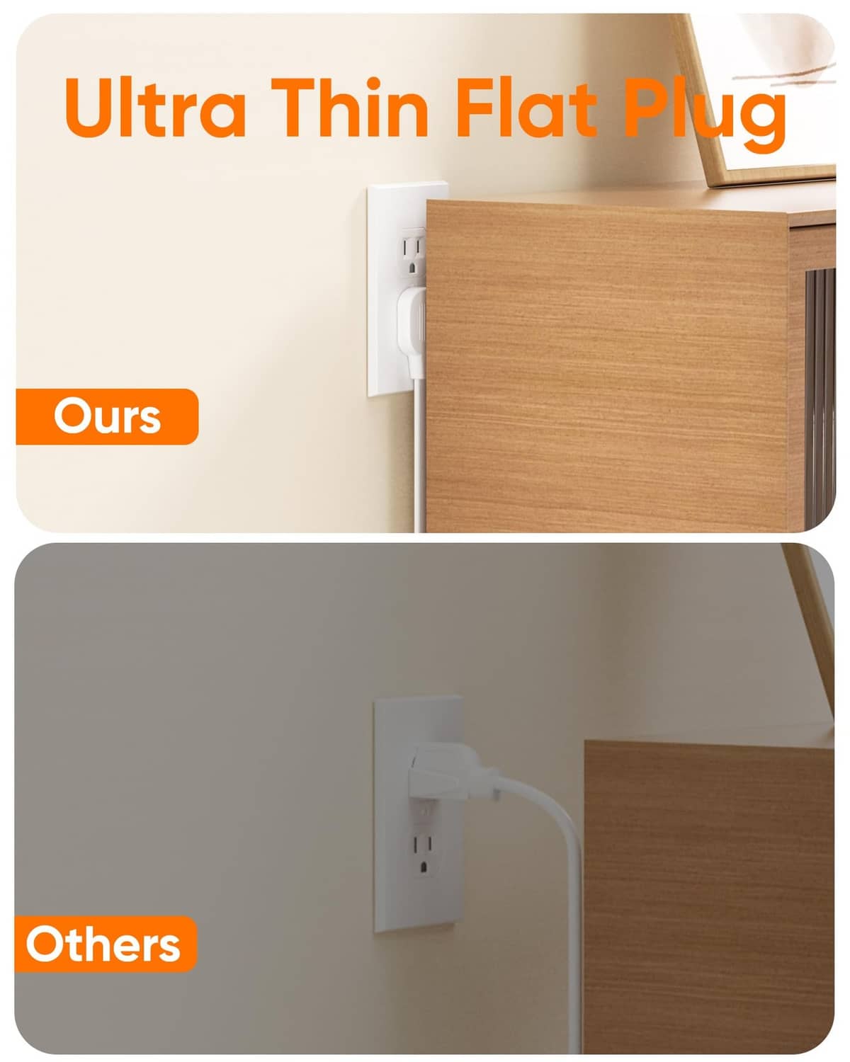 Ultra-thin flat plug power strip with extension cord, wall outlet connection.