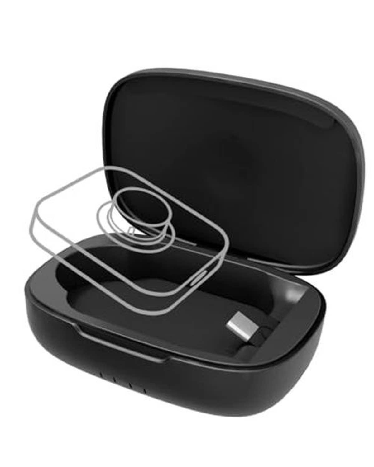 Black charging case with lid open and ring cradle plus side charging connector
