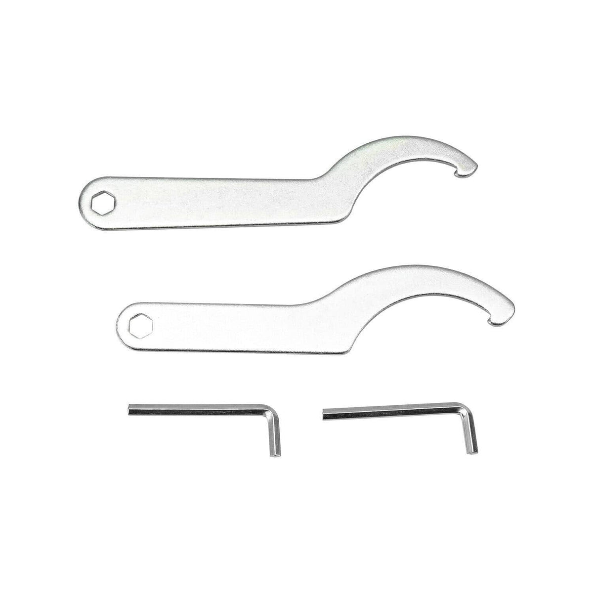 Silver mounting brackets with two Allen keys for installation hardware