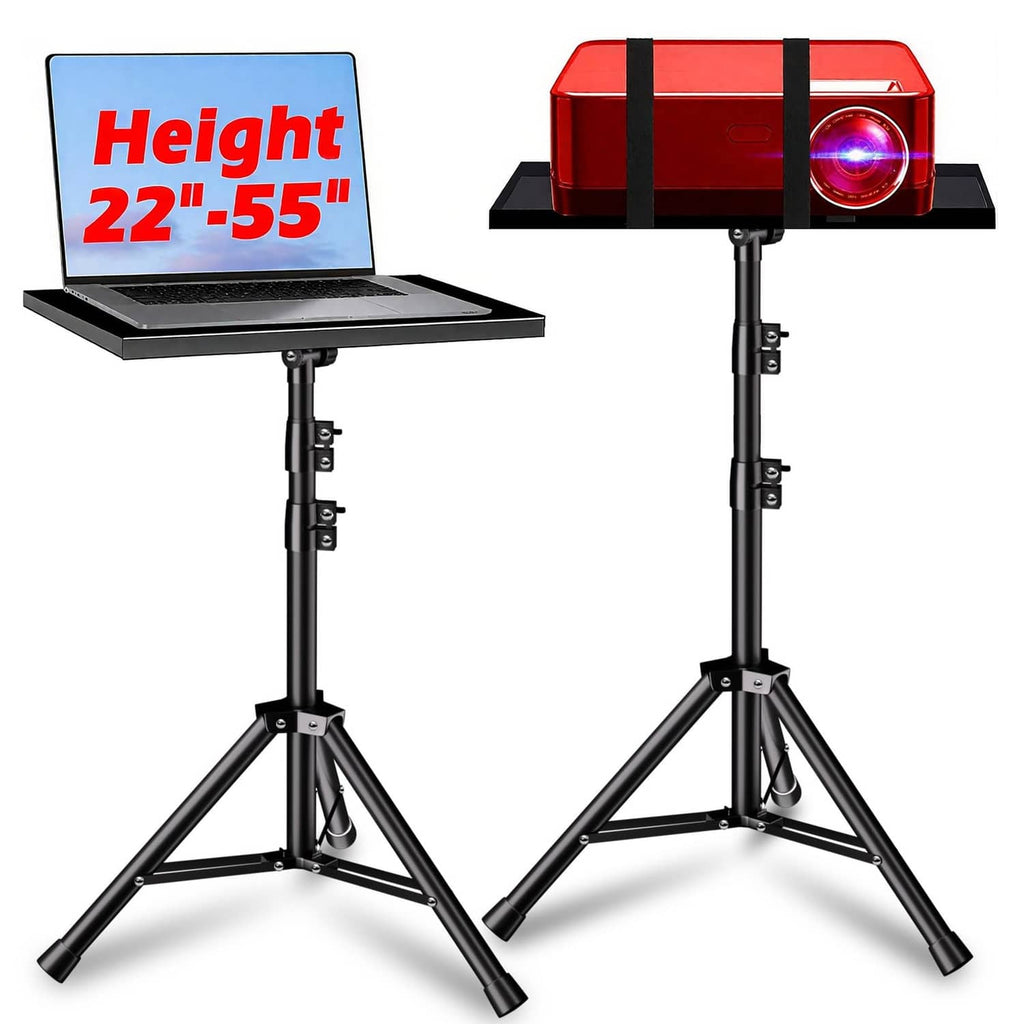 Black projector stand with adjustable-height tripod and top mounting tray