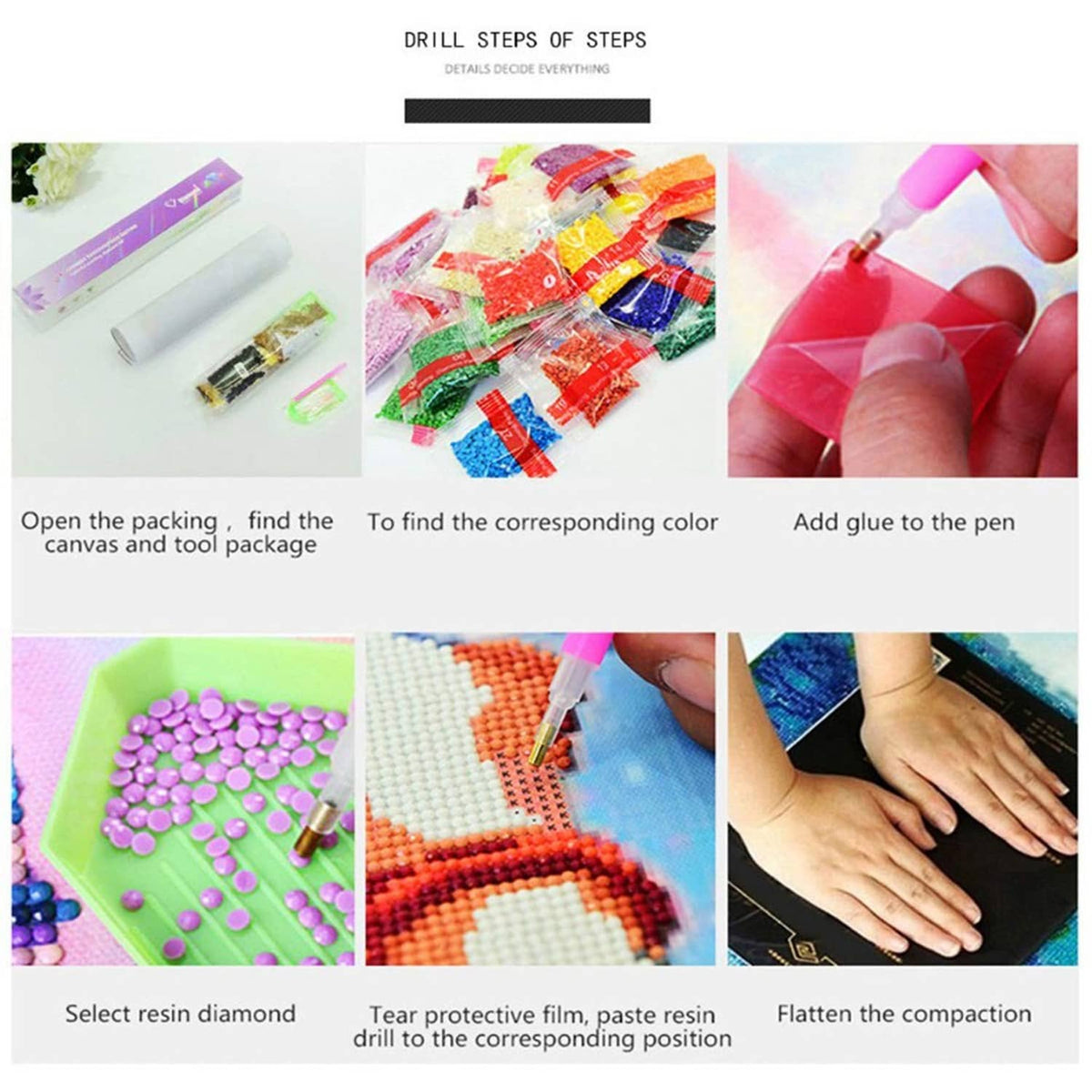 Diamond art kit instruction panels showing resin diamond sorting, gluing, and placing steps.