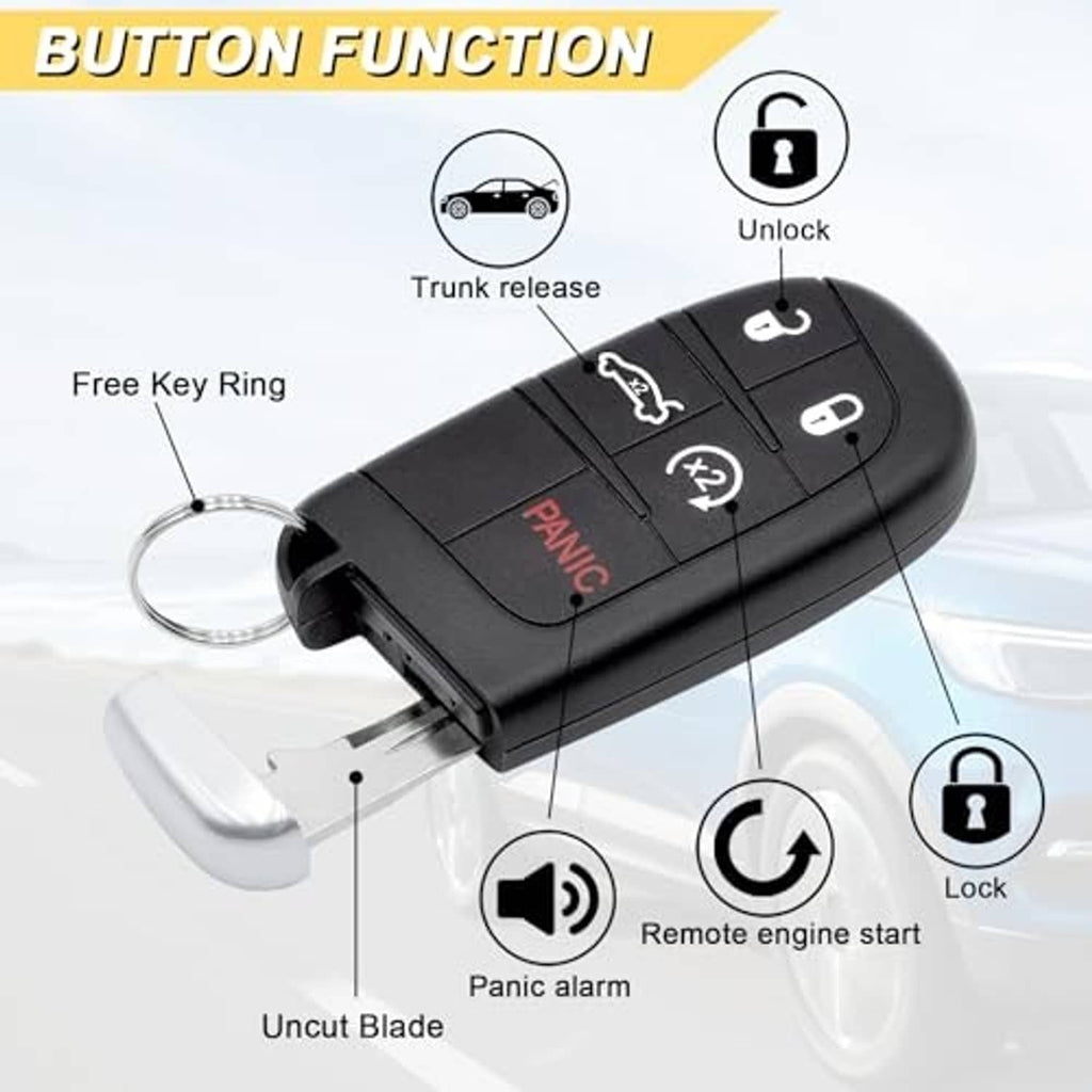Key fob functions diagram showing lock, unlock, trunk release, and panic alarm