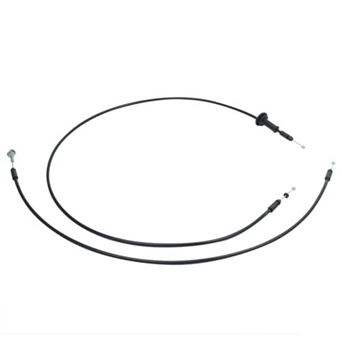 Hood latch release cable assembly with black cables and curved loop profile, angled view