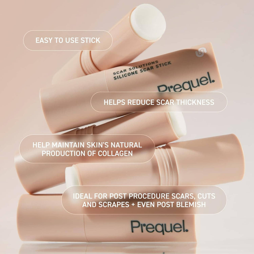 Prequel silicone scar stick, beige capped balm sticks stacked and ready for application
