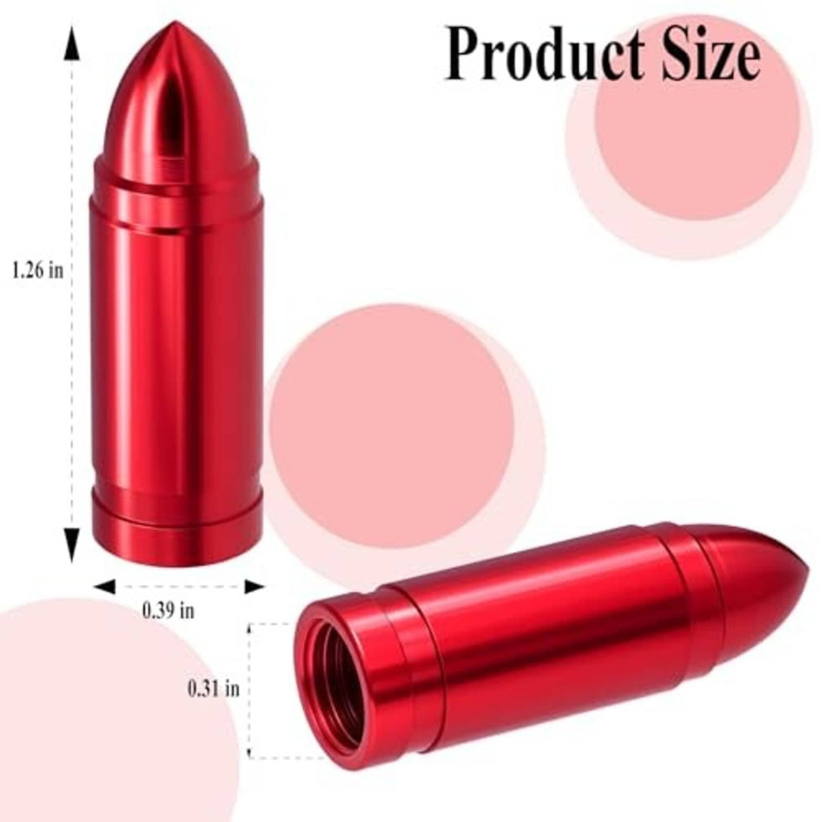 Red bullet tire valve stem cap with threaded base shown with size arrows