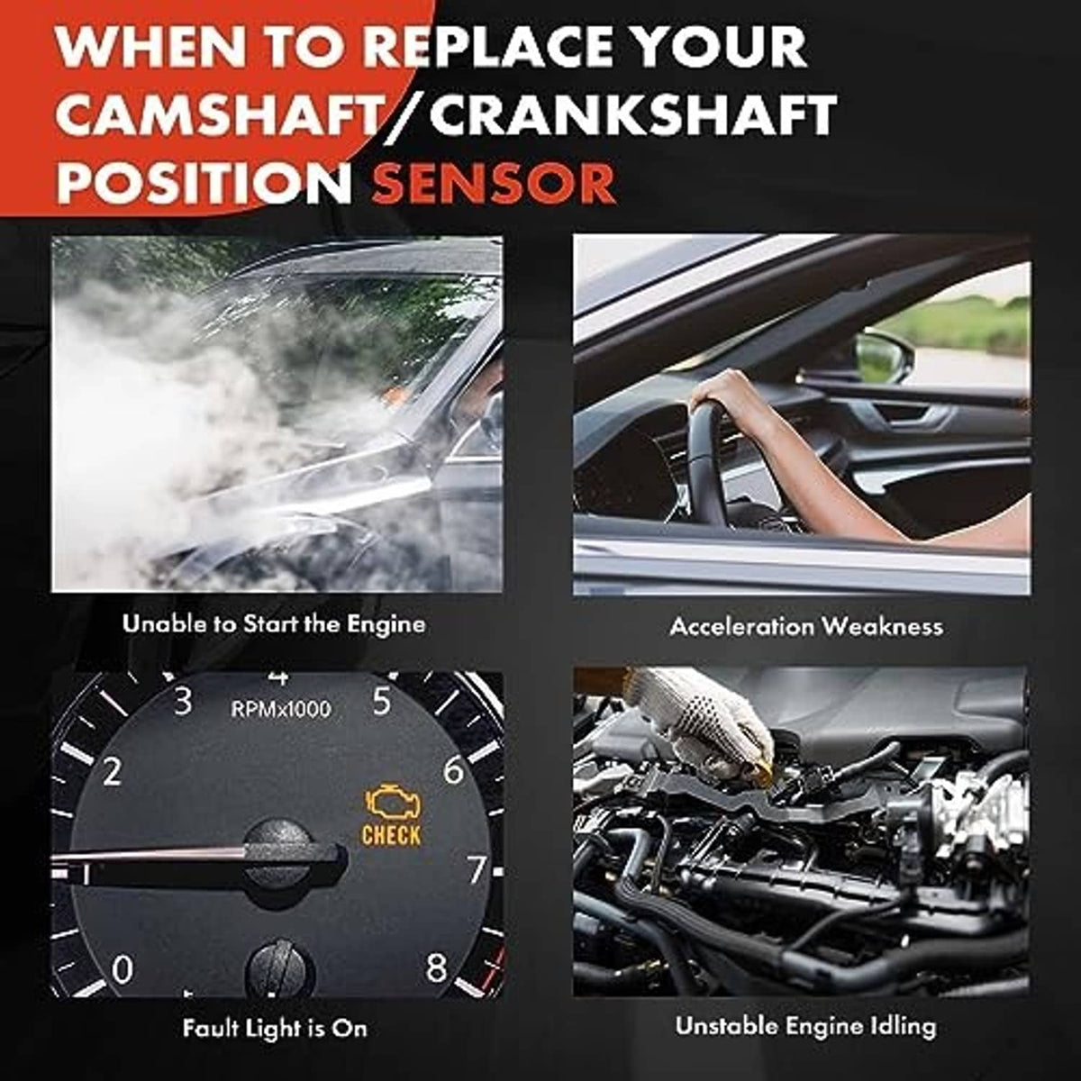 Replacement camshaft crankshaft position sensor infographic with car and dashboard views