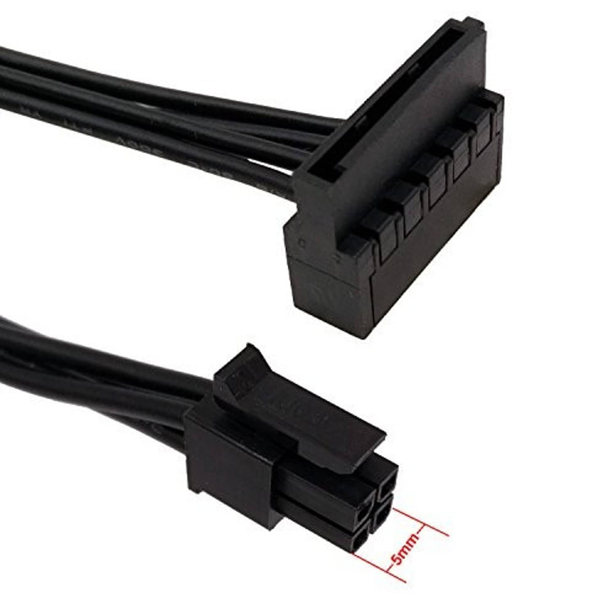 2-pack SATA power cables with right-angle 4-pin connectors, black ribbon cable