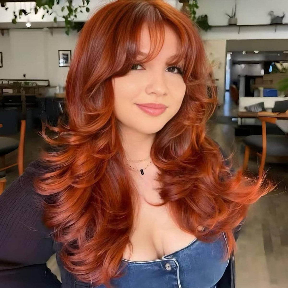 Copper red long wavy wig with curtain bangs and glossy layered curls
