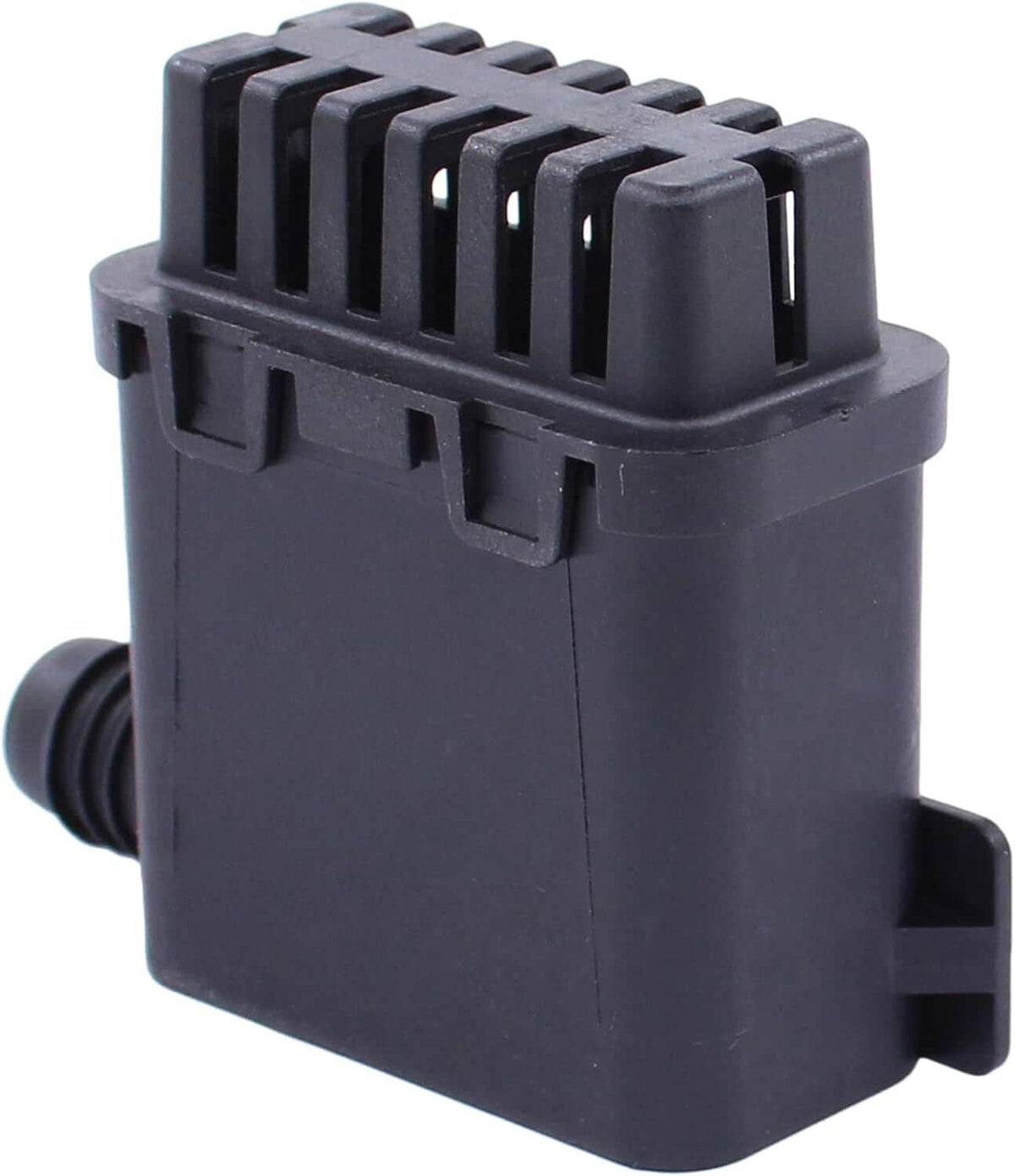 Black plastic vapor vent solenoid valve module with mounting tabs and inlet hose port