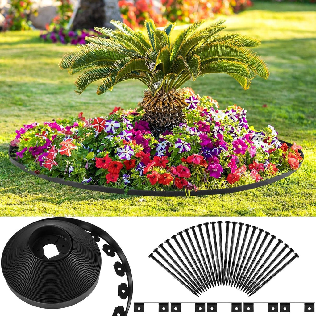 Black landscape edging border ring with spikes and flowers, ready to install around garden beds.