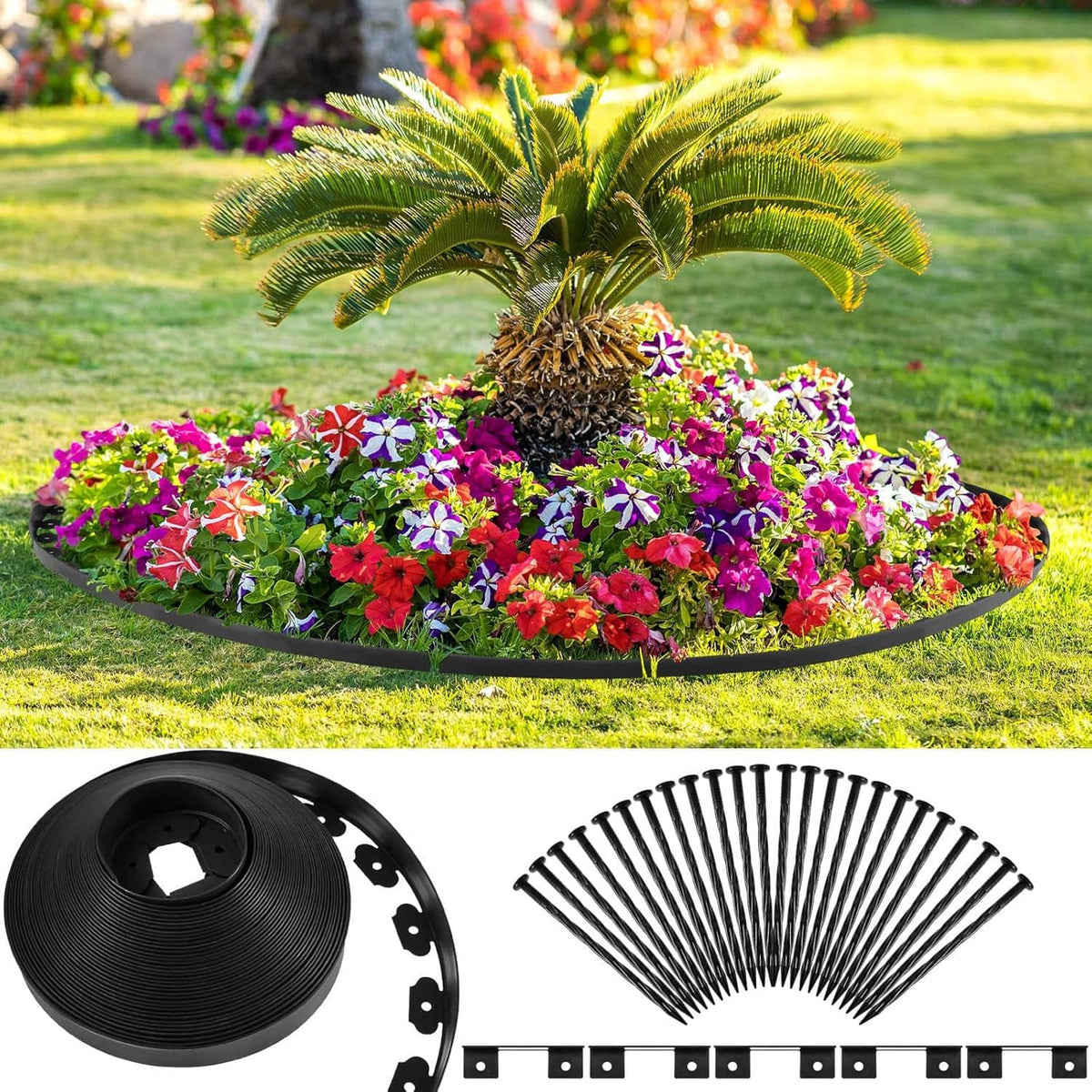 Black landscape edging border ring with spikes and flowers, ready to install around garden beds.