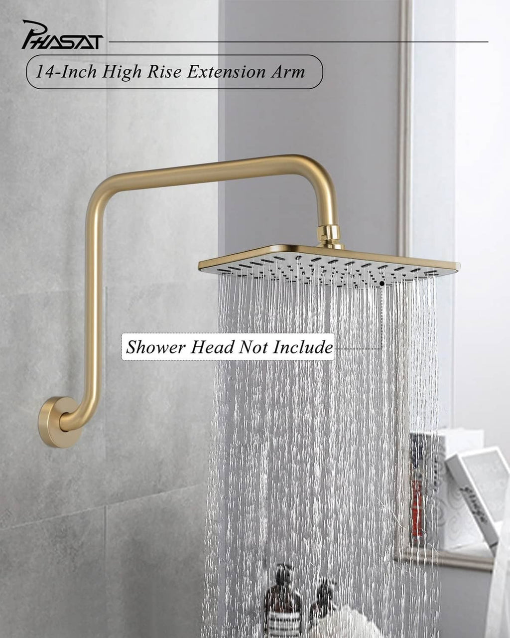 Brushed gold high-rise shower arm, curved S shape with round wall base