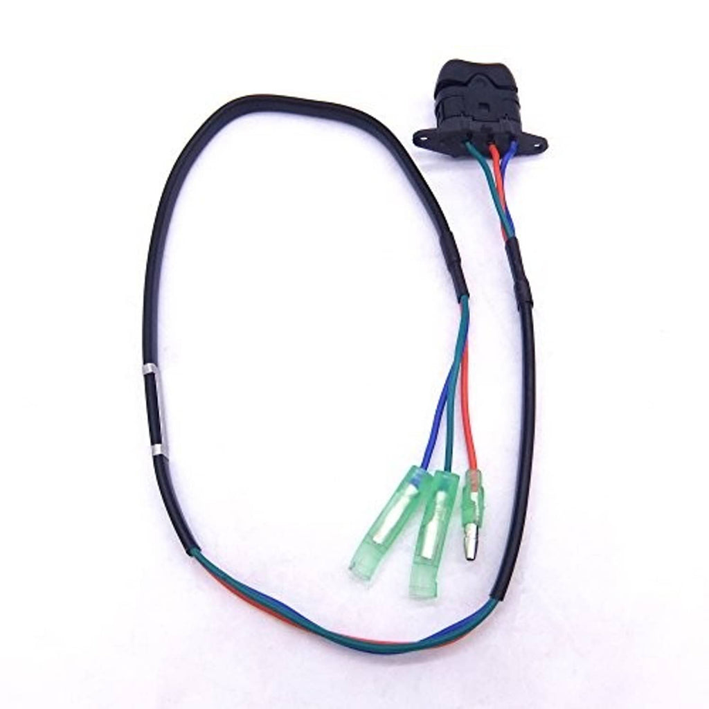 Black wiring harness with top connector and green translucent terminal plugs on multicolor wires