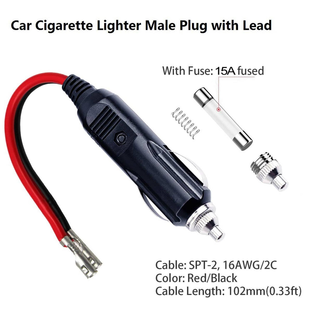 12V fused car cigarette lighter male plug with cable leads and 15A fuse