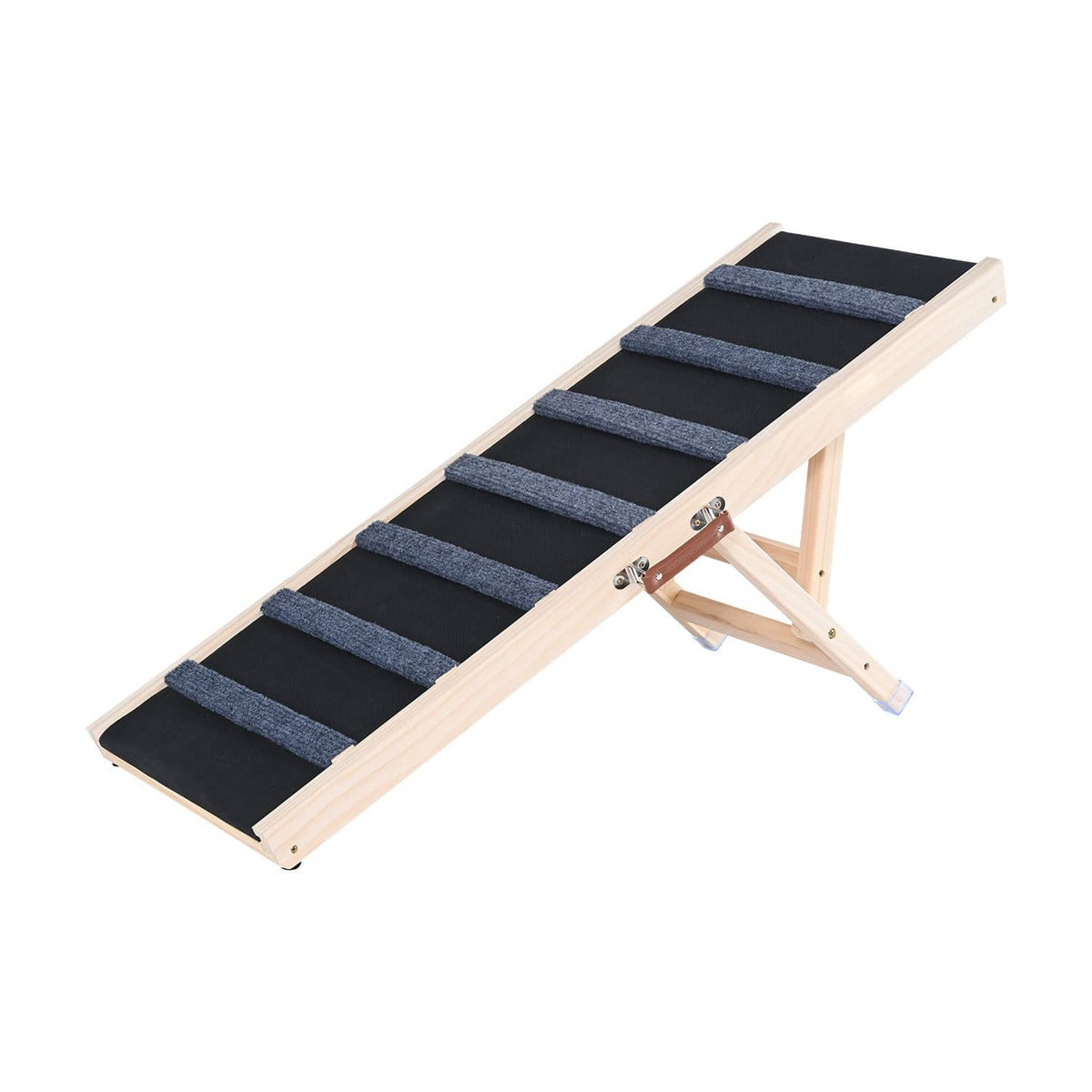 Folding pet dog ramp with dark anti-slip steps, light wood frame, compact side view