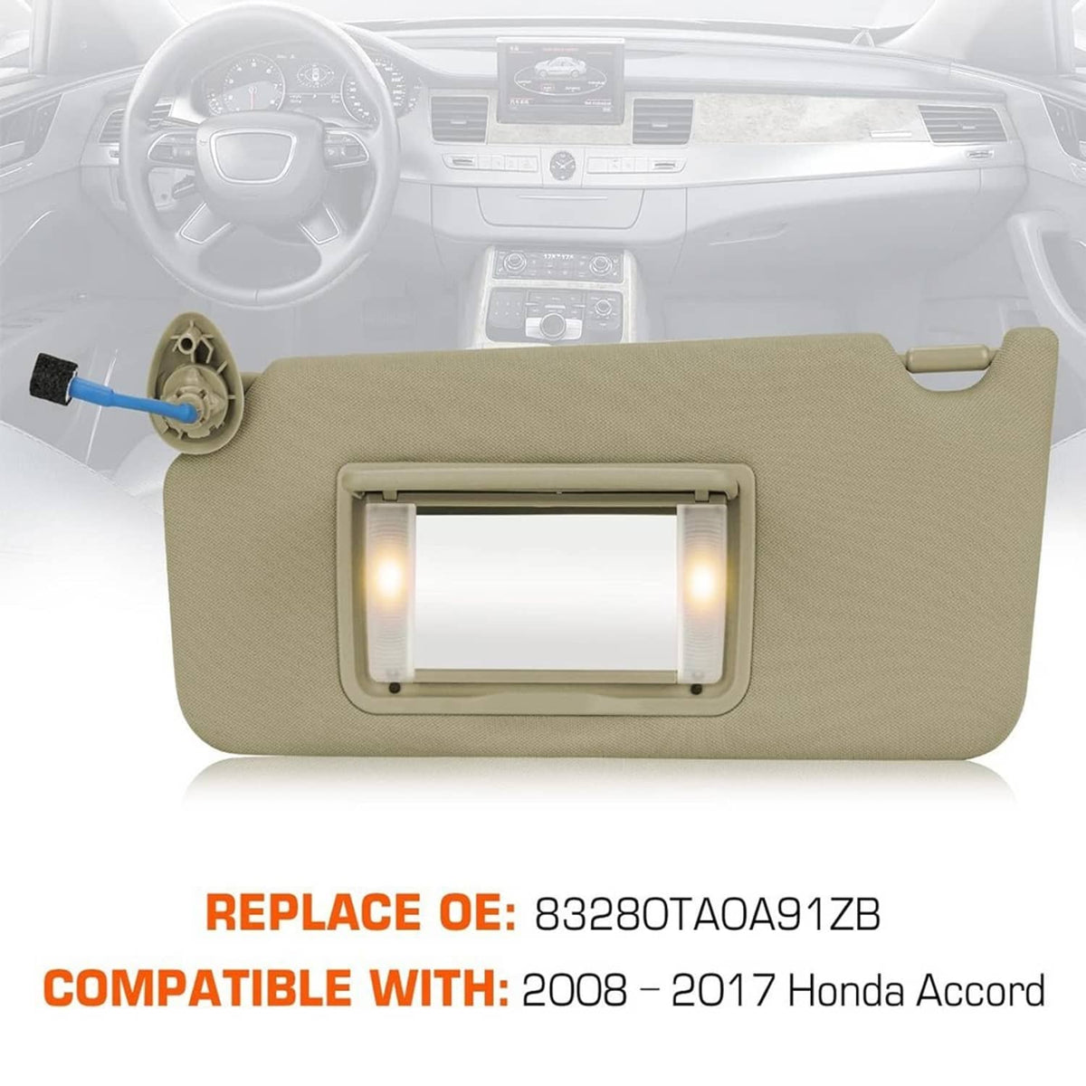 Beige left driver sun visor with illuminated mirror window, front view