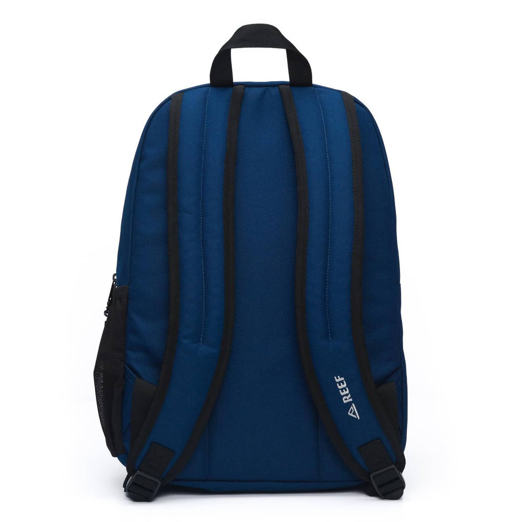 REEF navy blue backpack with padded back panel and adjustable shoulder straps