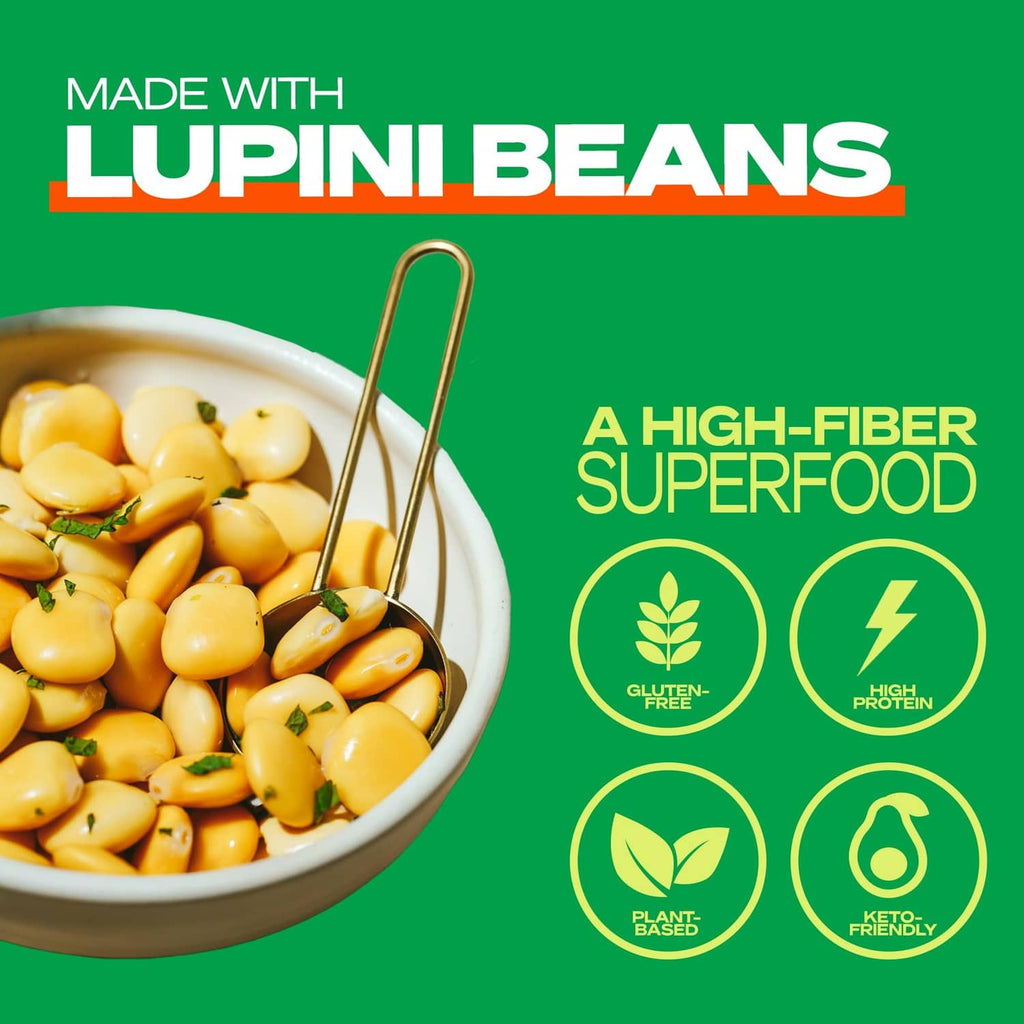 Lupin-bean pasta packaging graphic showing gluten-free and high-protein badges
