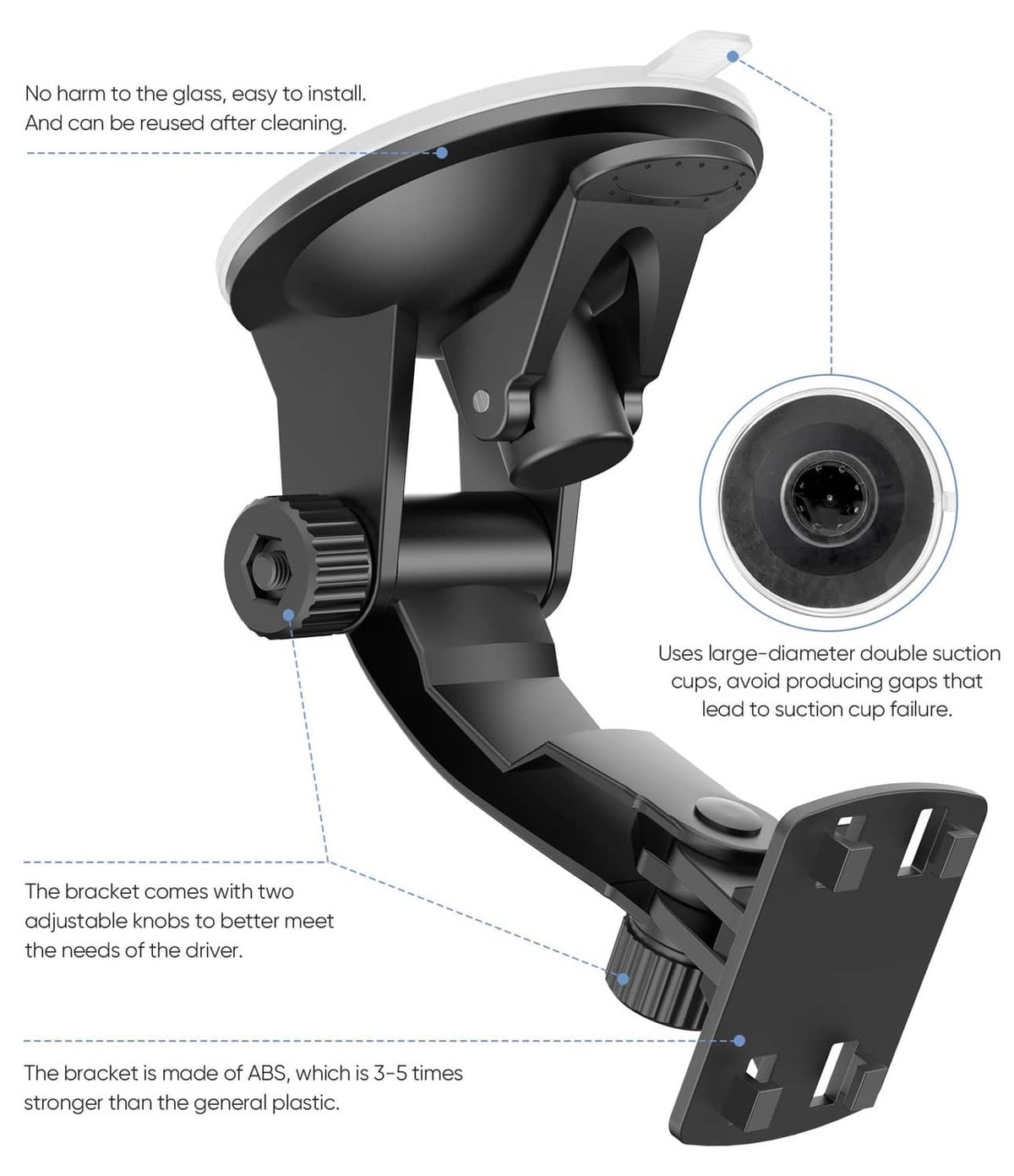 Black adjustable suction-mount bracket for backup camera and 4.3-inch monitor