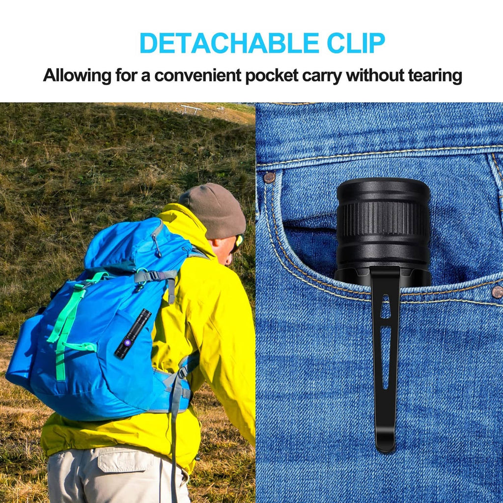 Black LED flashlight with detachable clip attached to a blue jeans pocket