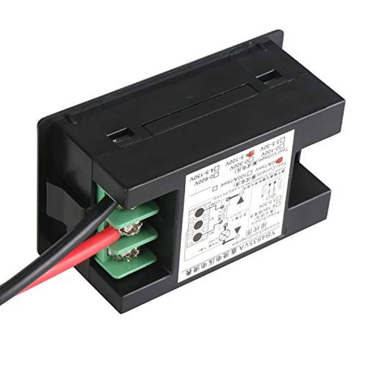 DC voltmeter ammeter panel meter rear terminals with red and black wire leads and label.