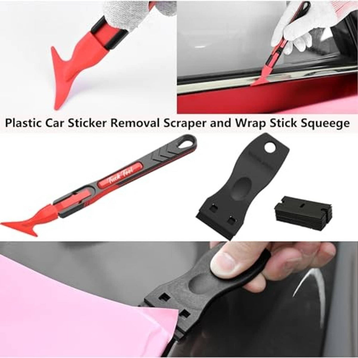 Plastic car sticker removal scraper and wrap stick squeegee with red and black handles