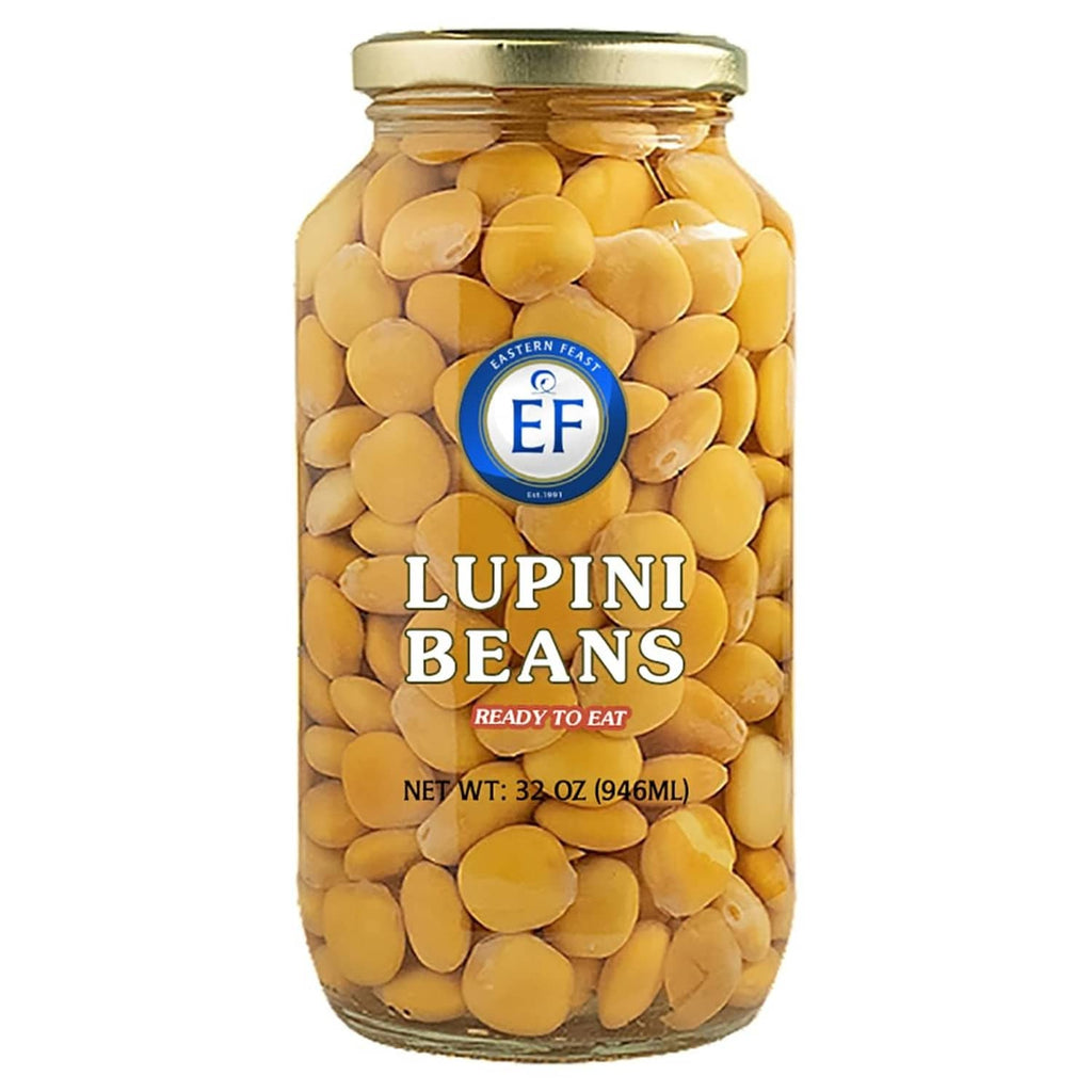Eastern Feast lupini beans jar, ready to eat, glass bottle with label and yellow beans