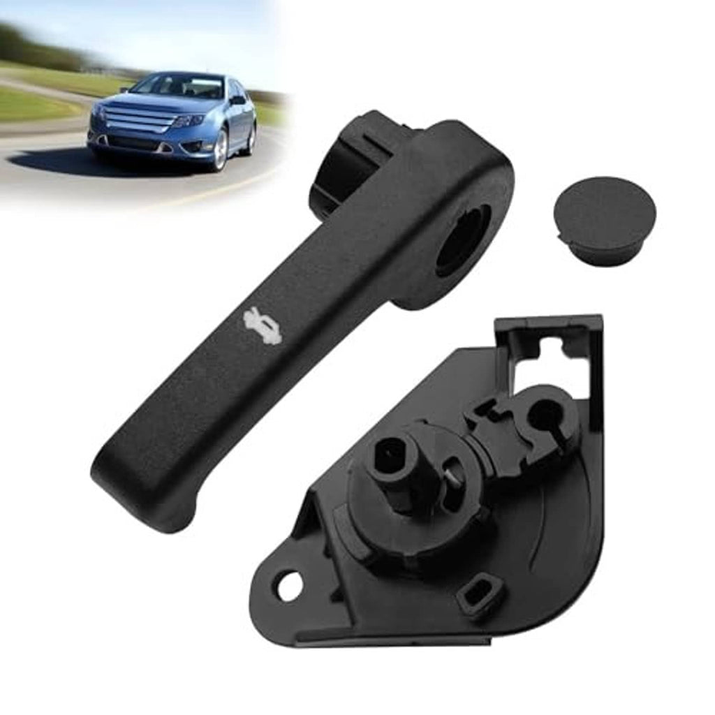 Black hood release handle and latch bracket set with small round plug, replacement exterior part