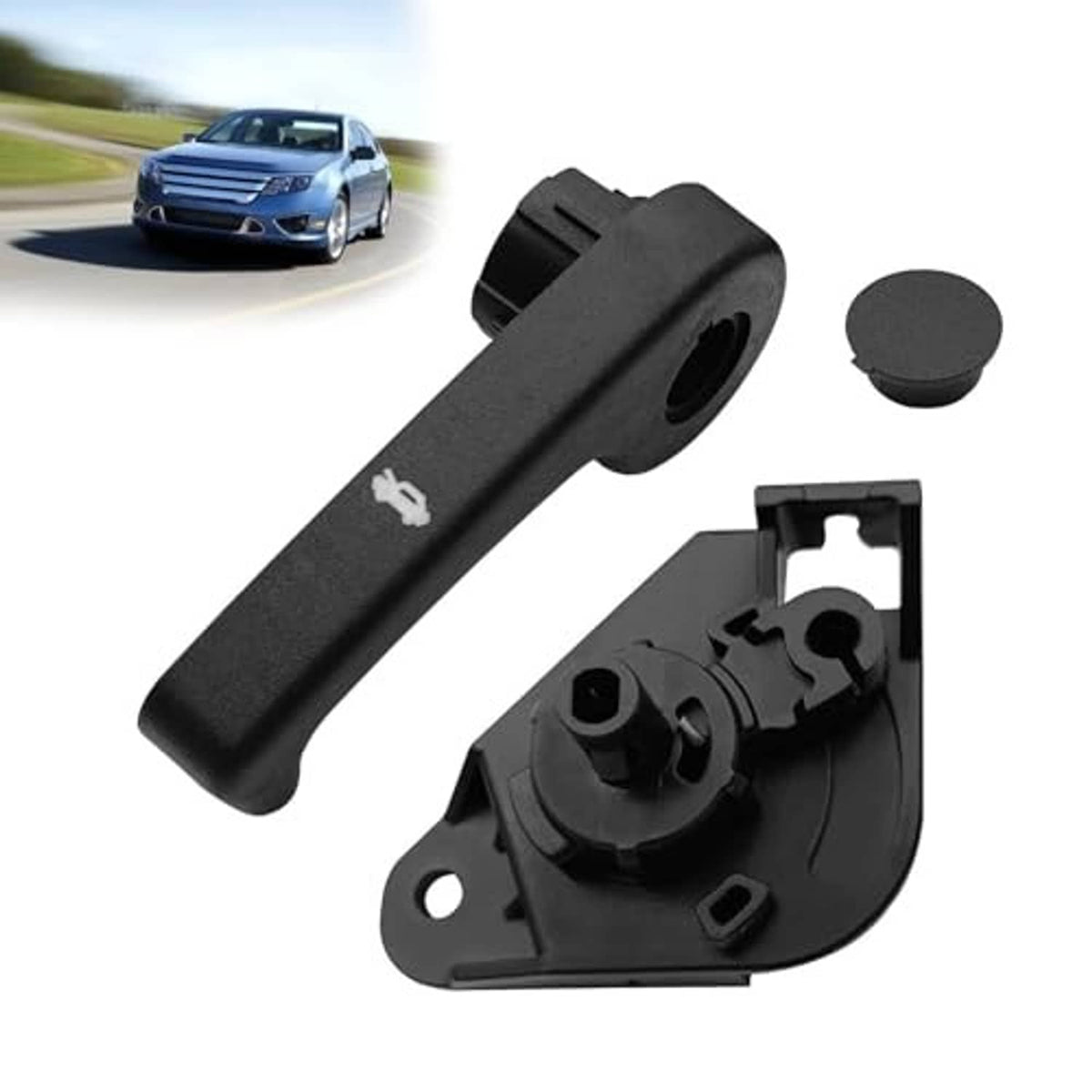 Black hood release handle and latch bracket set with small round plug, replacement exterior part