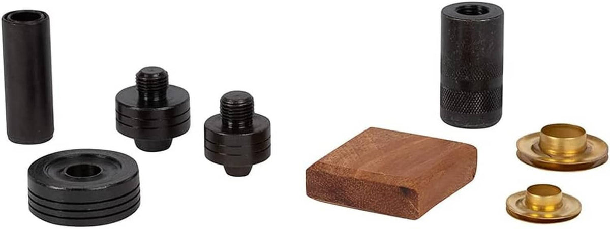 Multi-grommet kit parts: black grommet dies, washers, and wooden spacer block