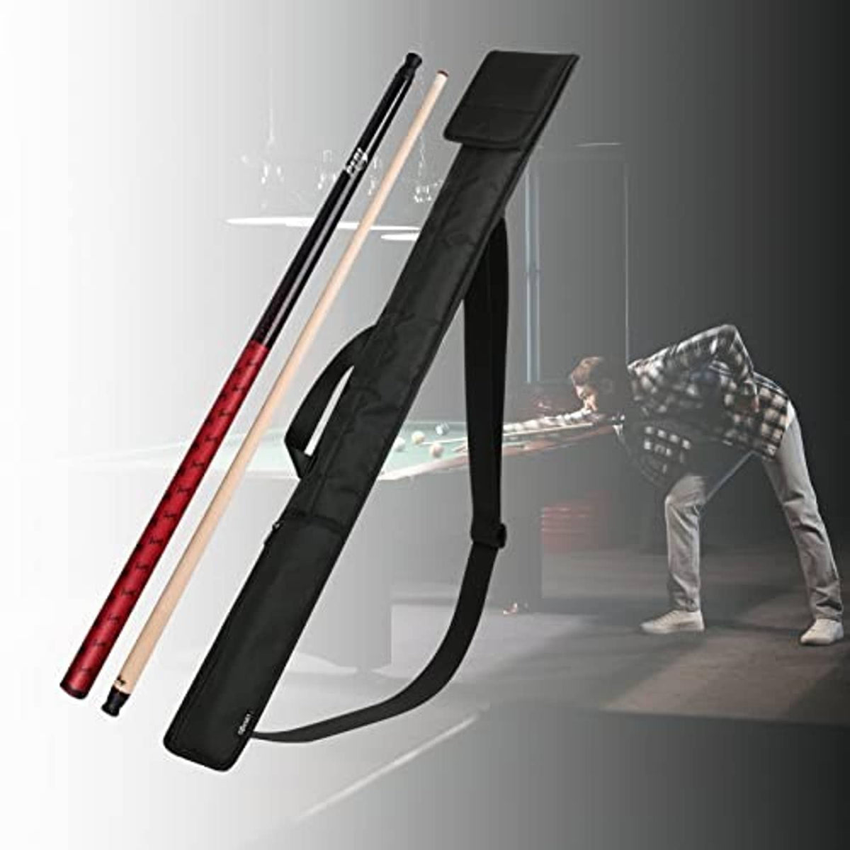 Black cue stick case bag holding two billiard cues with long shoulder carry strap