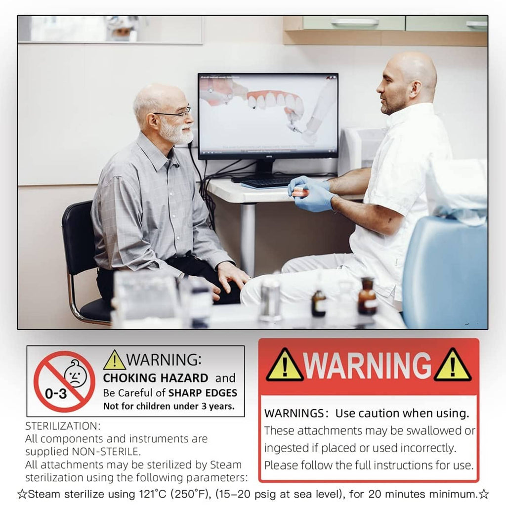 Dental warning and caution labels with handling notes for instruments and micro implants