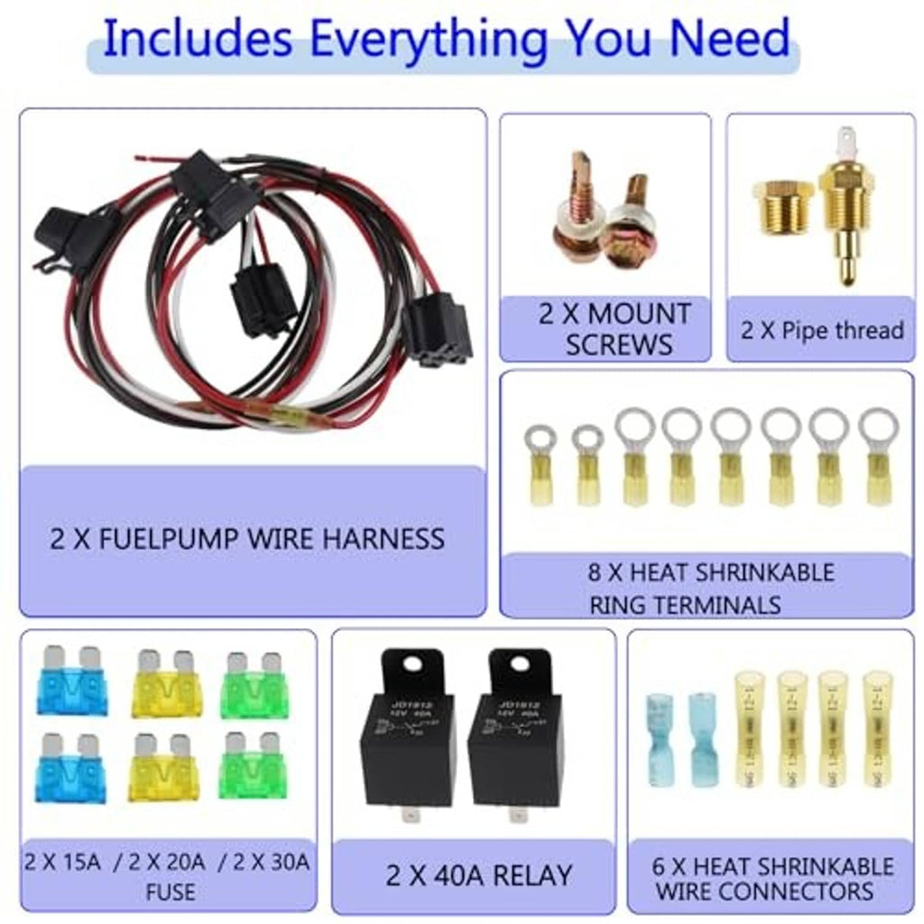 Complete dual fan relay kit set with relays, fuses, heat-shrink terminals, and wire connectors