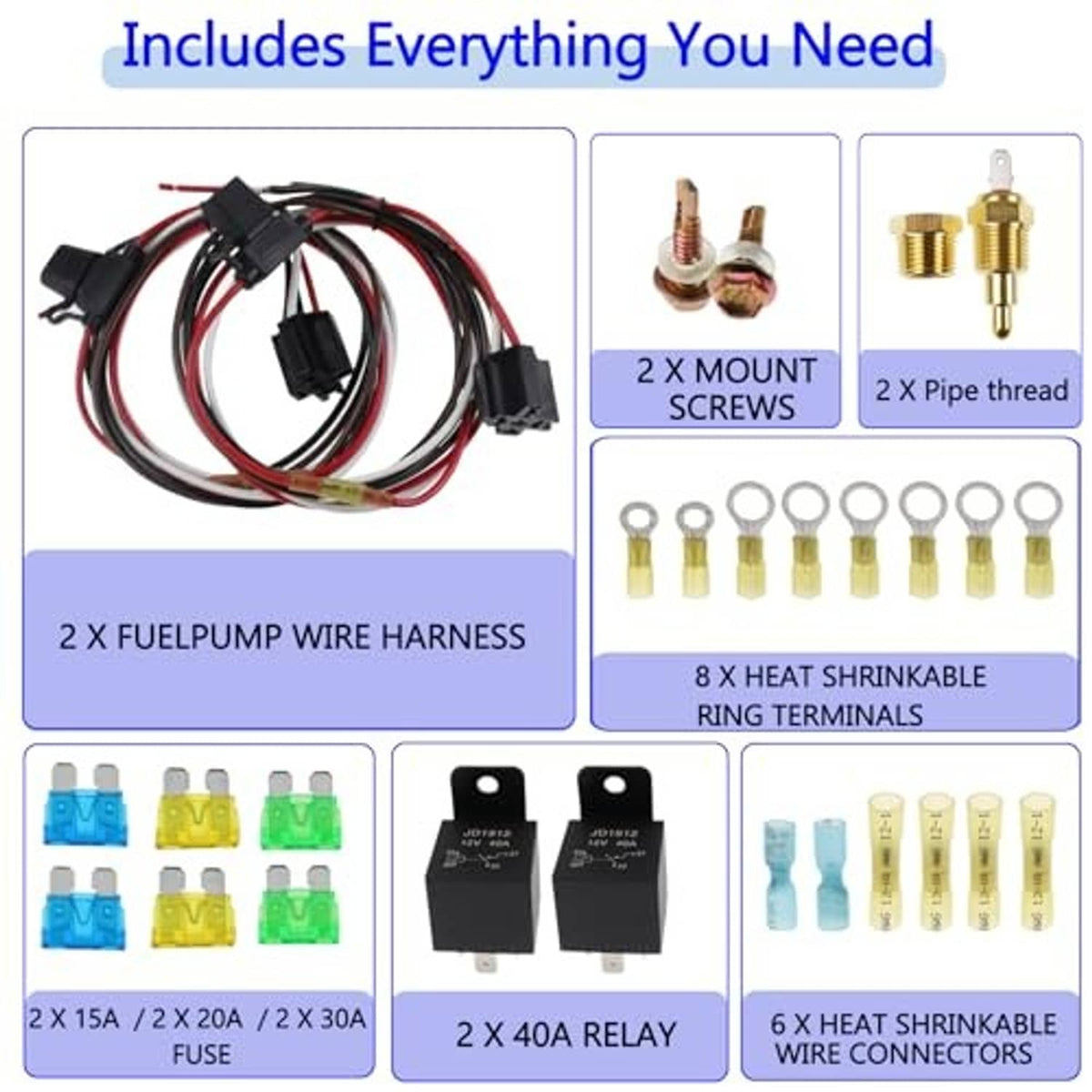 Complete dual fan relay kit set with relays, fuses, heat-shrink terminals, and wire connectors