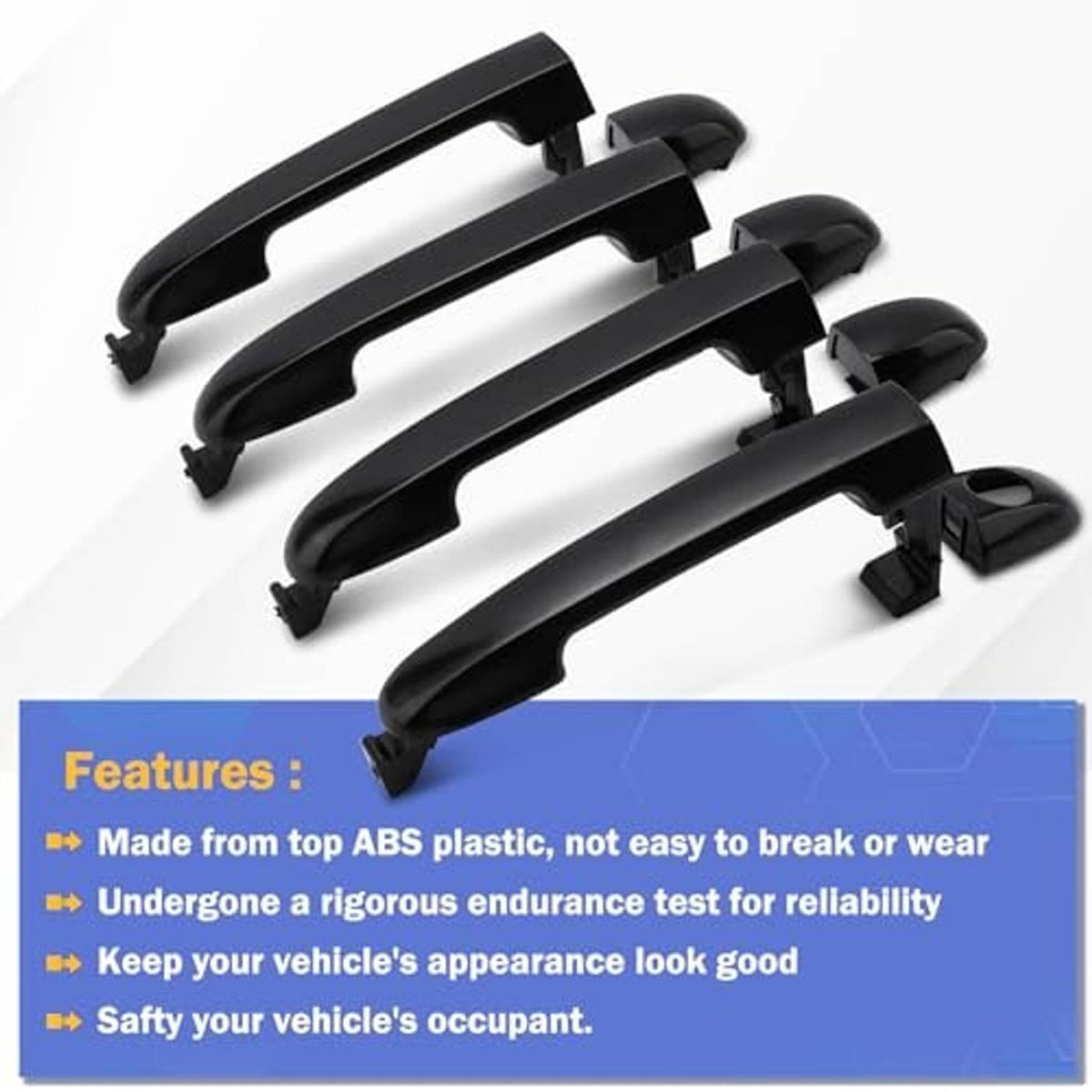 Set of four black exterior door handles with mounting clips and covers