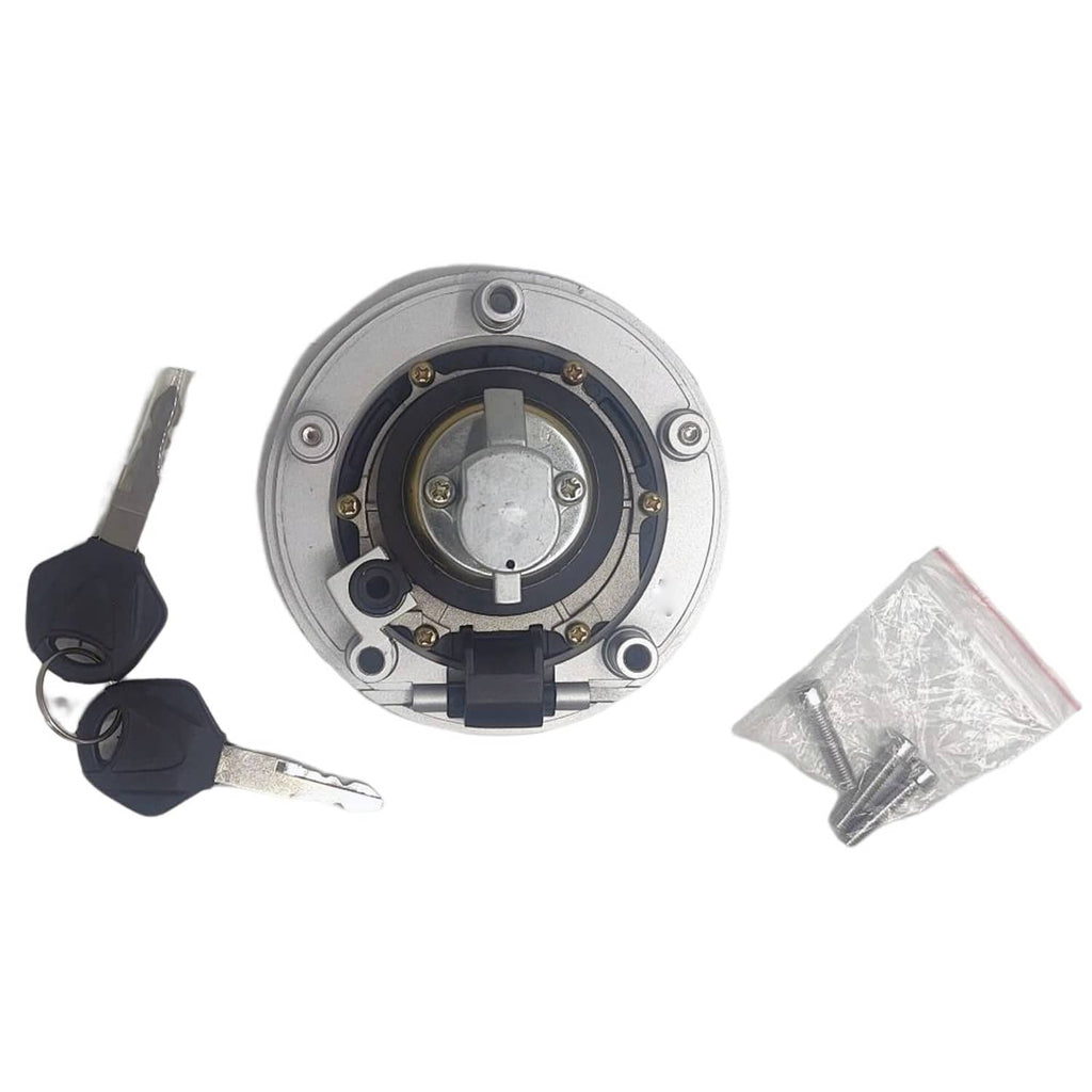 Fuel tank cap cover kit with circular housing, keys, and sealed accessory bag