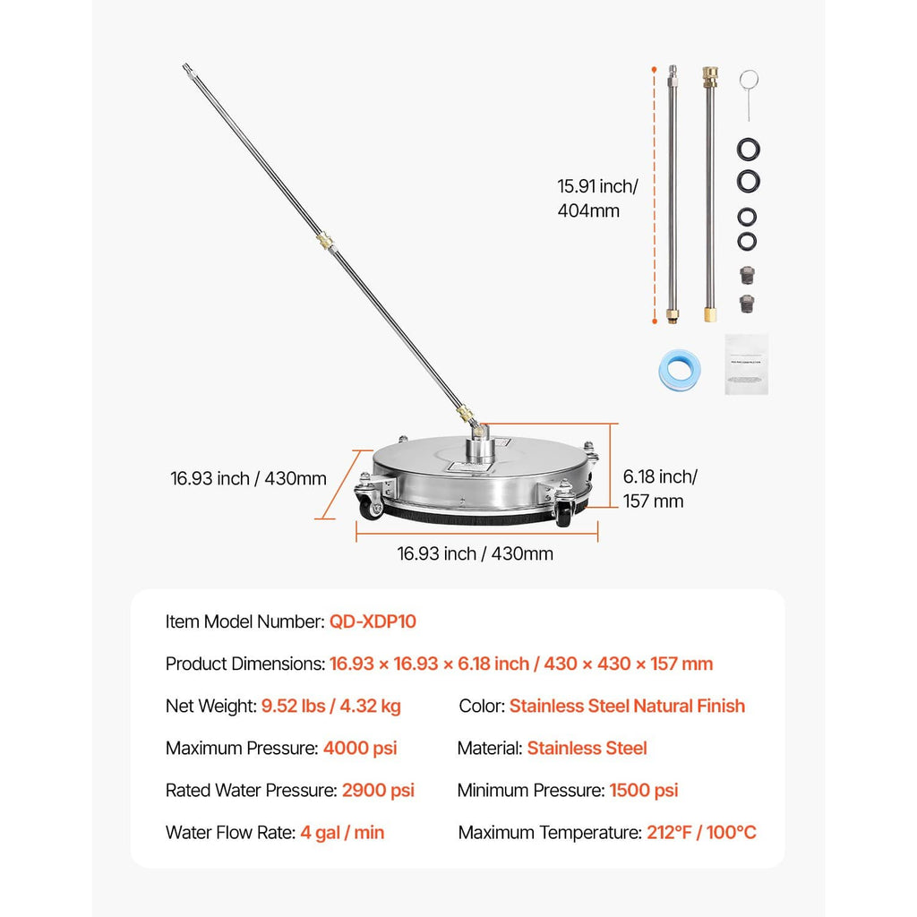 Surface cleaner dimensions diagram with stainless steel circular head and spray wand