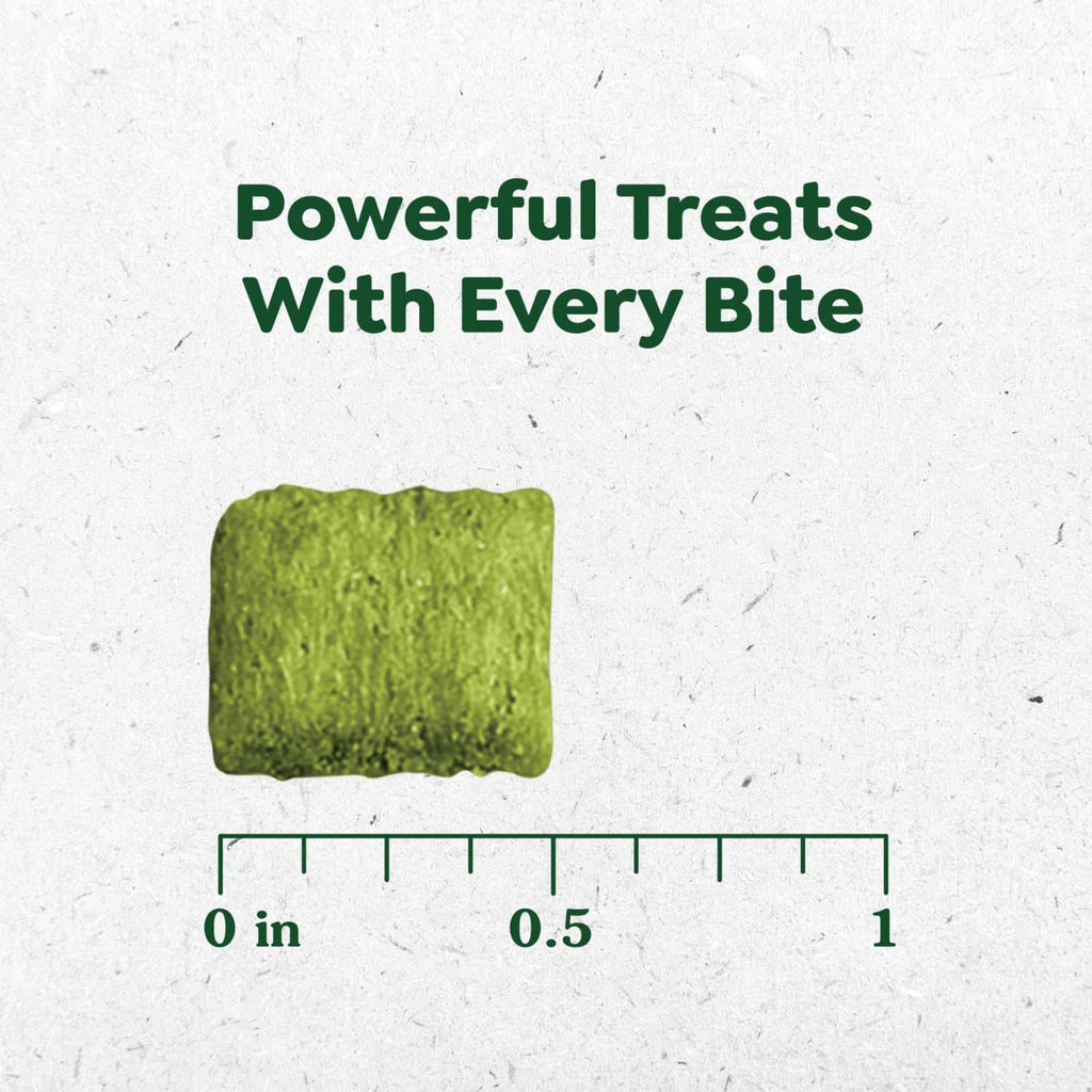 Single green dog treat piece with a size scale from 0 to 1