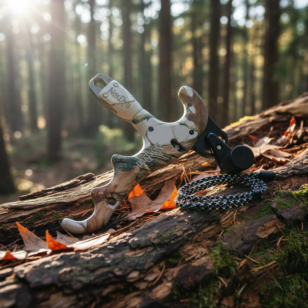 Archery bow thumb release with black trigger and camo handle resting on log outdoors
