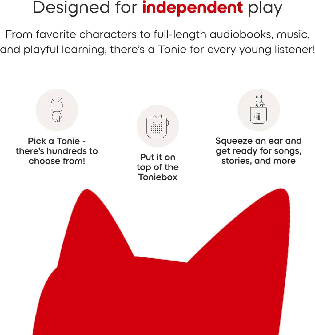 Red cat-ear silhouette graphic on a white background for Tonie features