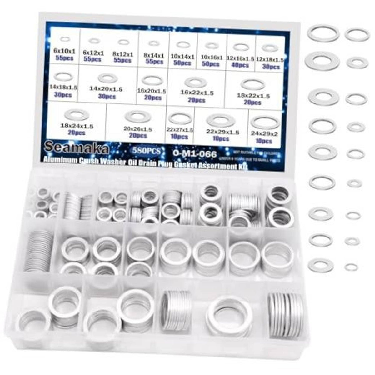 Aluminum oil drain plug gasket washer assortment in a plastic storage box